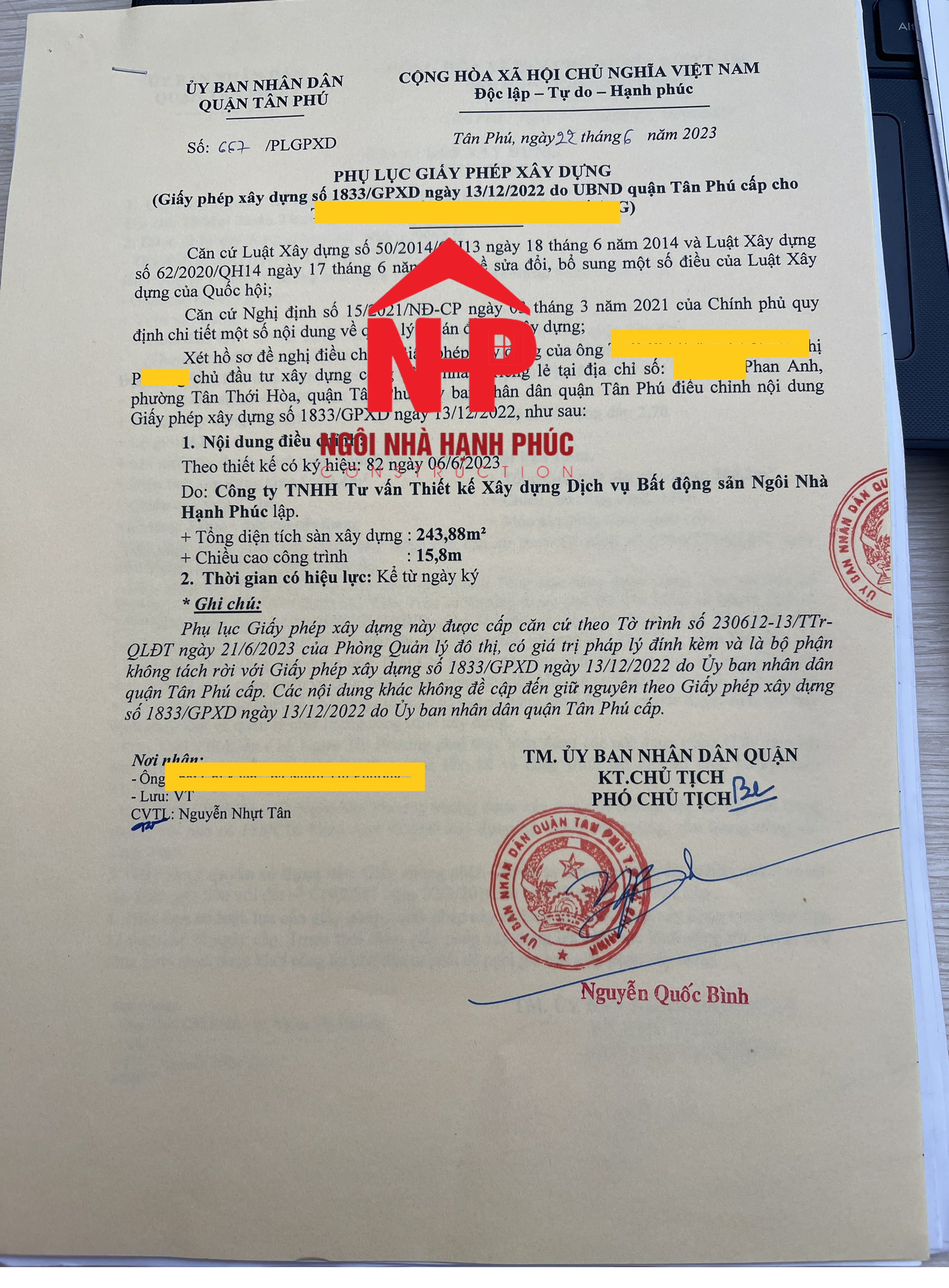 Sau 15 ngày hoàn thành hồ sơ Điều chỉnh giấy phép xây dựng cho khách hàng